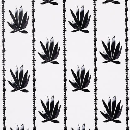 Black rosette-like succulent motifs with dotted vertical stripes on white; bold botanical pattern for fabric or wallpaper