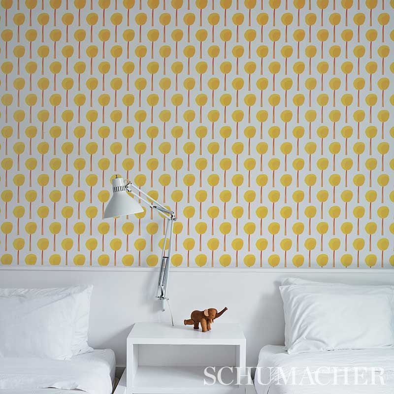 Topiary Marigold 5012700 wallpaper showing small-scale, graphic botanical motifs in warm yellow-marigold color — perfect for modern botanical interior walls.