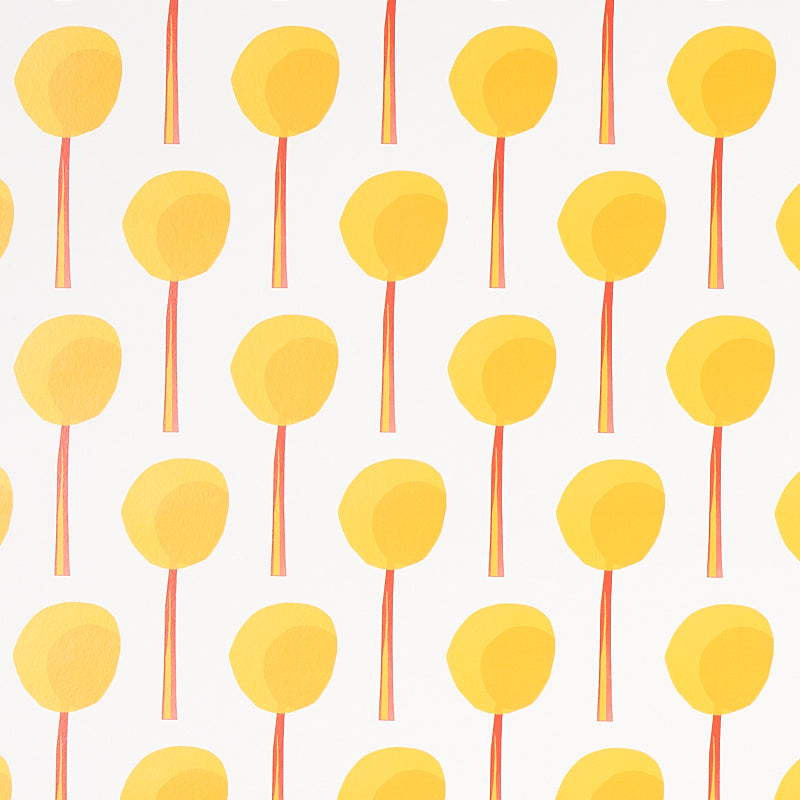 Repeating pattern of yellow circles on orange stems on white background; bright, playful geometric wallpaper.