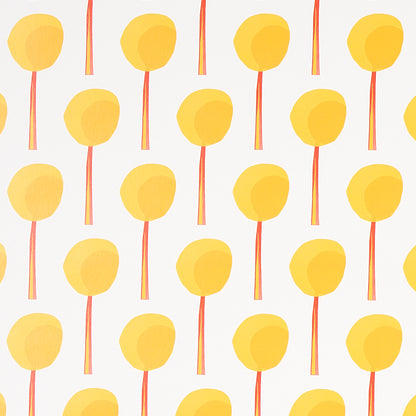 Repeating pattern of yellow circles on orange stems on white background; bright, playful geometric wallpaper.
