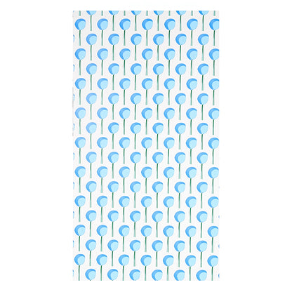 Repeating pattern of light blue balloons on gray strings against white; ideal for fabric or wallpaper.