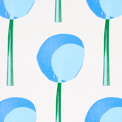 Abstract blue floral pattern with overlapping circular petals and green stems on a light cream background.
