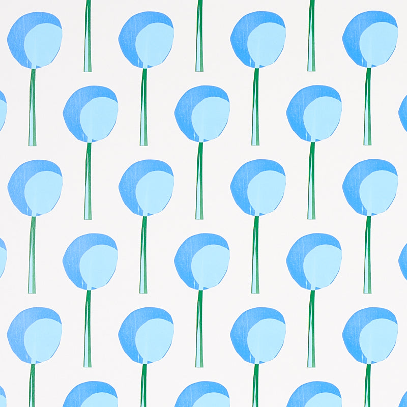 Repeating pattern of blue circular flower heads on slender green stems against a white background.