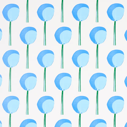 Repeating pattern of blue circular flower heads on slender green stems against a white background.