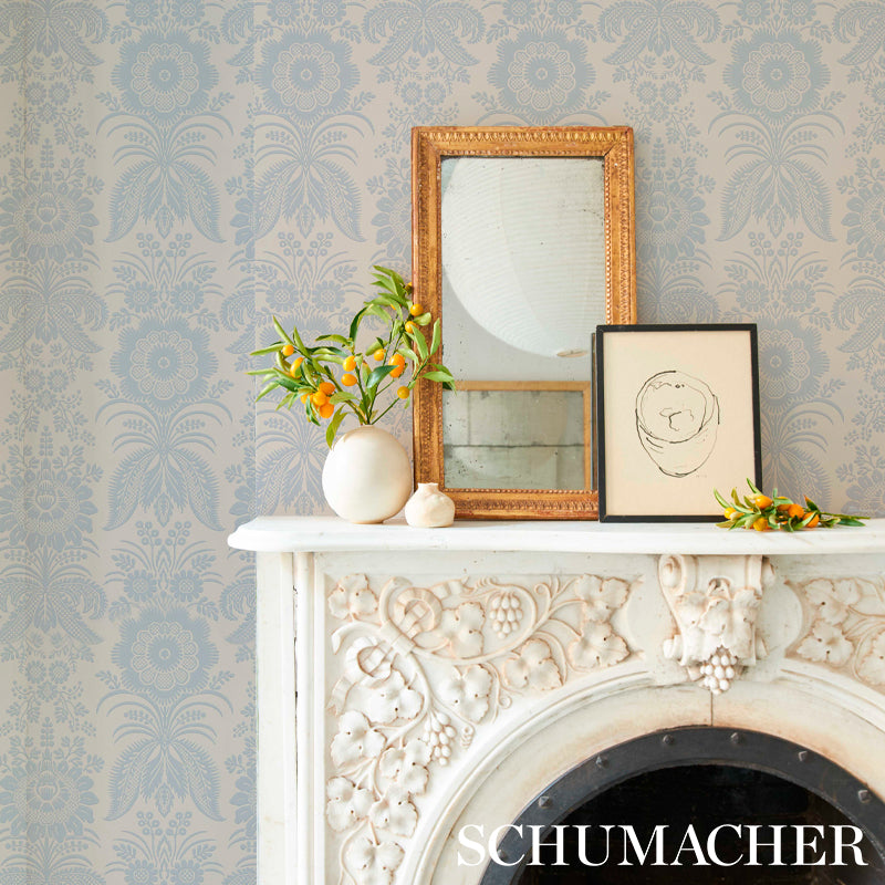 Schumacher Greta wallpaper 5012720 in ivory — textured mirrored floral damask, washable non-woven wallcovering for elegant, timeless interiors.