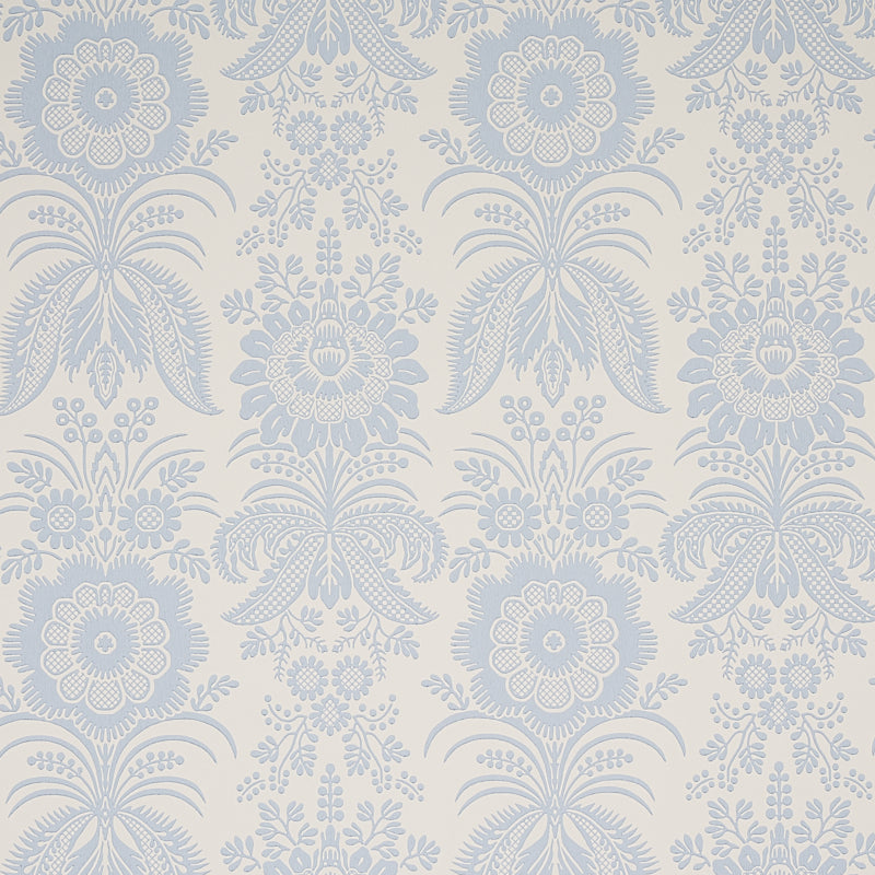 Schumacher Greta wallpaper 5012720 in ivory — textured mirrored floral damask, washable non-woven wallcovering for elegant, timeless interiors.