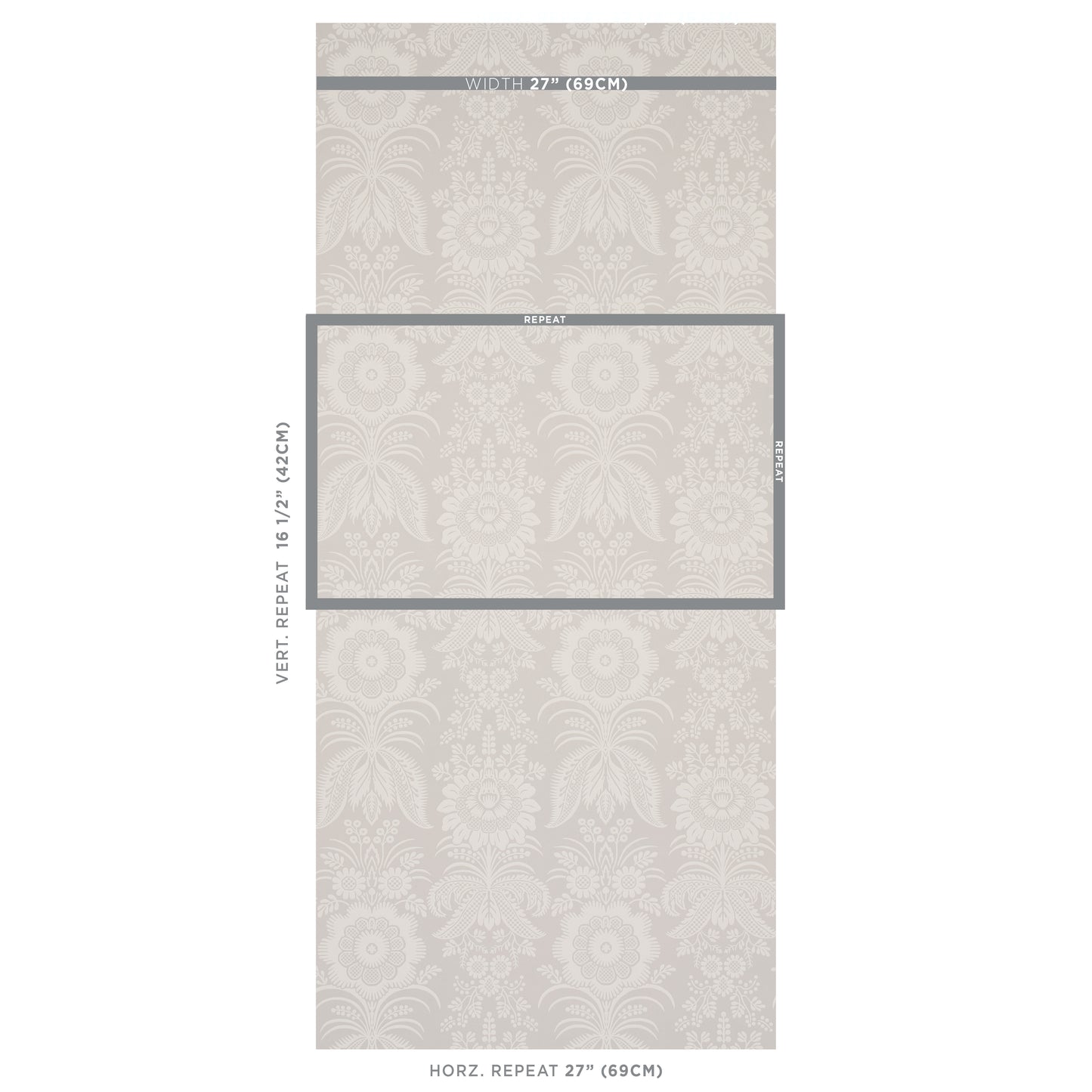Beige damask wallpaper with pale gray floral pattern; decorative wallcovering showing vertical repeat panel outline.