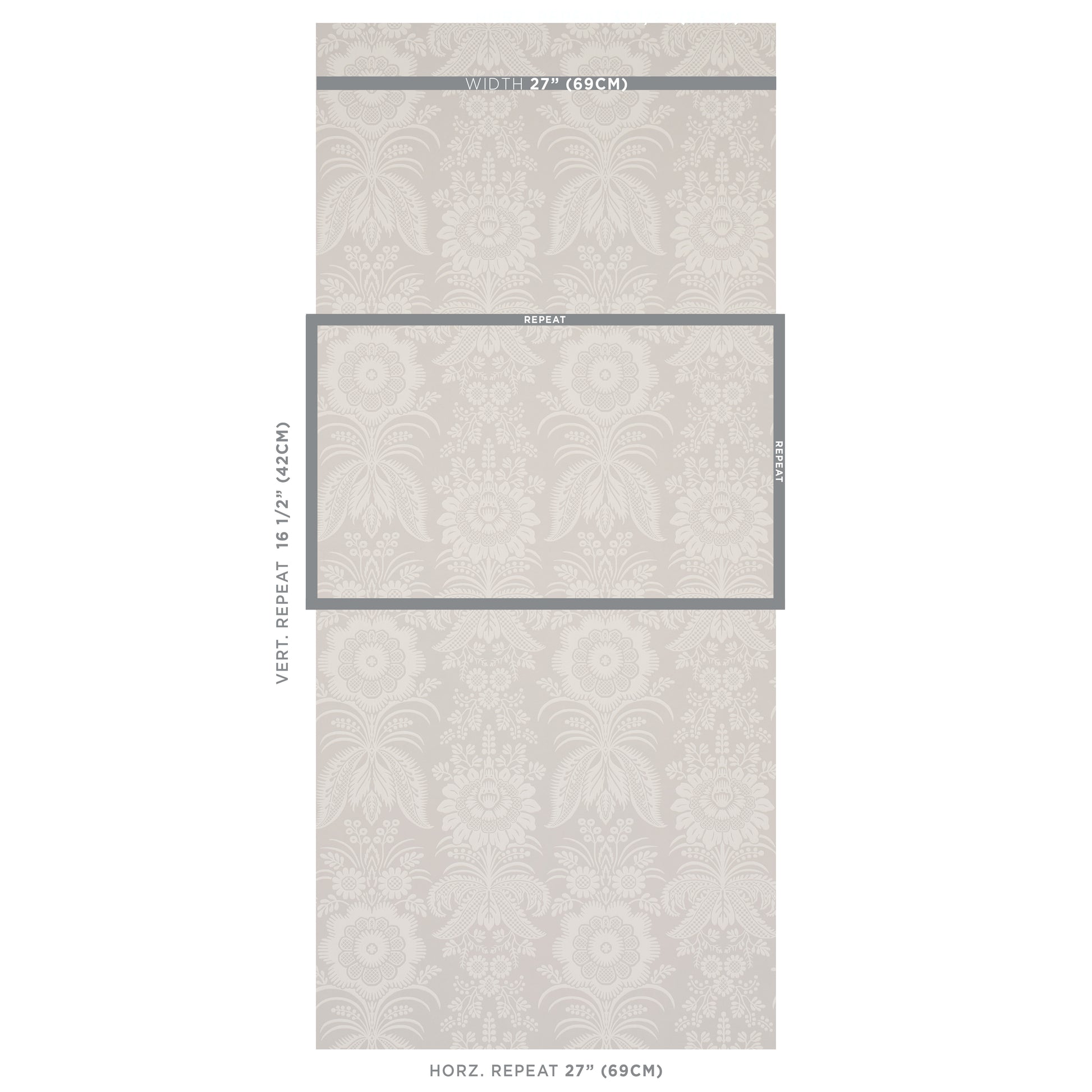 Beige damask wallpaper with pale gray floral pattern; decorative wallcovering showing vertical repeat panel outline.