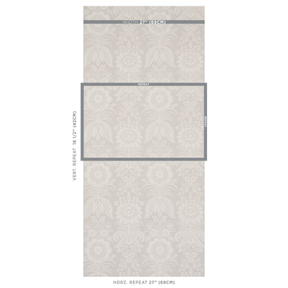 Beige damask wallpaper with pale gray floral pattern; decorative wallcovering showing vertical repeat panel outline.