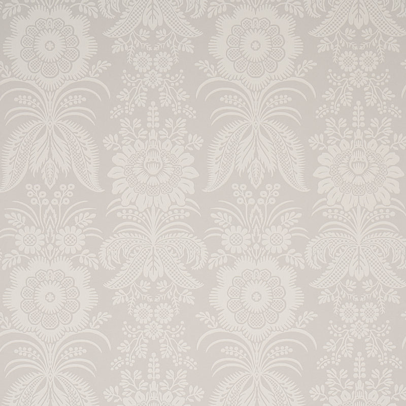 Ivory damask wallpaper with ornate floral scrolls on warm beige background.