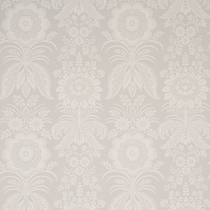 Ivory damask wallpaper with ornate floral scrolls on warm beige background.
