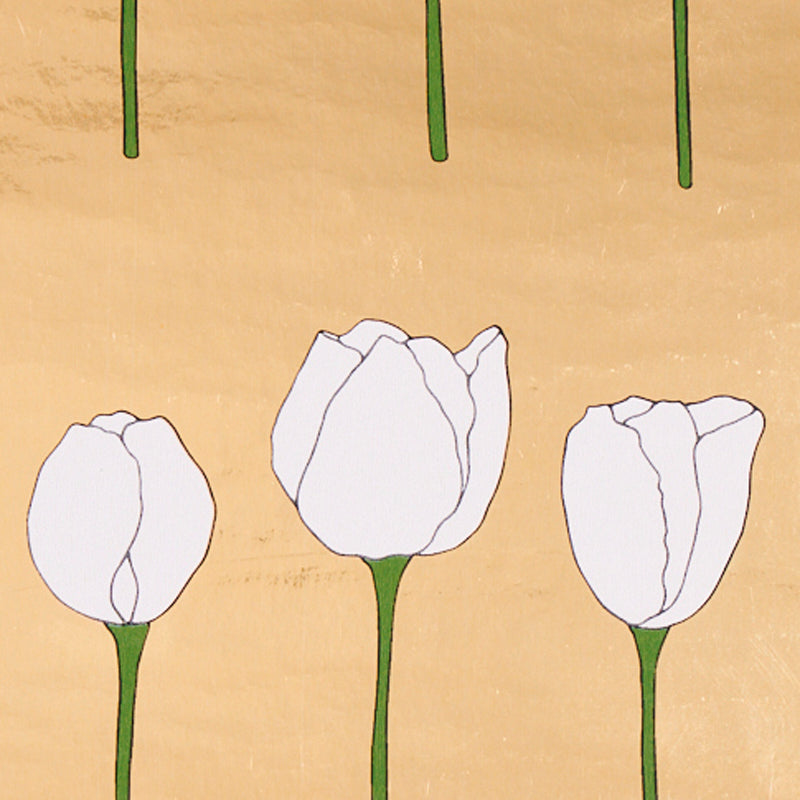 Three white tulips with green stems on a peach background; a simple botanical illustration pattern.