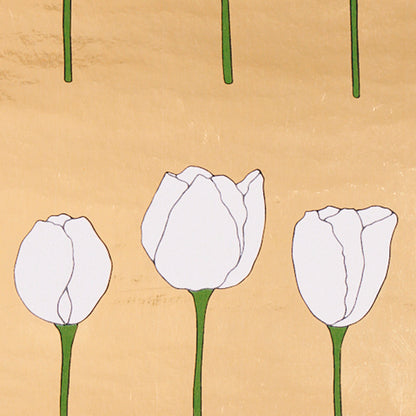 Three white tulips with green stems on a peach background; a simple botanical illustration pattern.