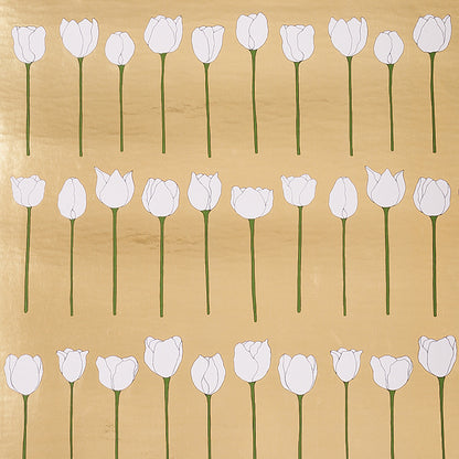 Pattern of white tulips with green stems arranged in rows on warm tan woodgrain background.