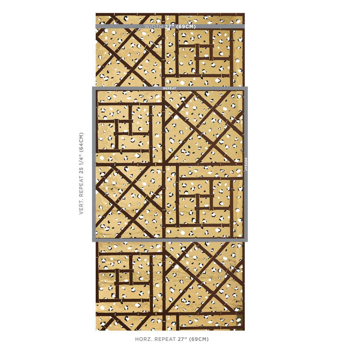 Beige speckled wallpaper with a dark brown crosshatched lattice forming a vertical geometric grid, accented with metallic glam gold.