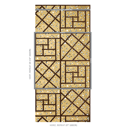 Beige speckled wallpaper with a dark brown crosshatched lattice forming a vertical geometric grid, accented with metallic glam gold.