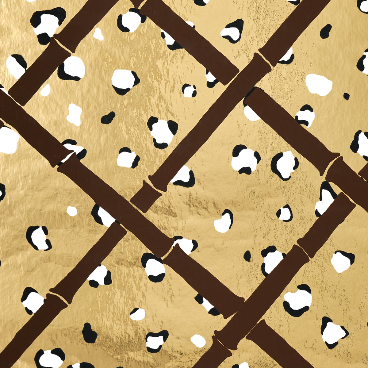 Gold metallic textured wallpaper featuring a brown bamboo lattice pattern with white and black speckles.