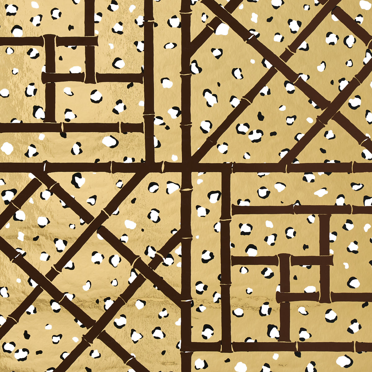 Tan background with dark brown geometric lattice lines and white speckles; abstract tile-like wallpaper for home decor