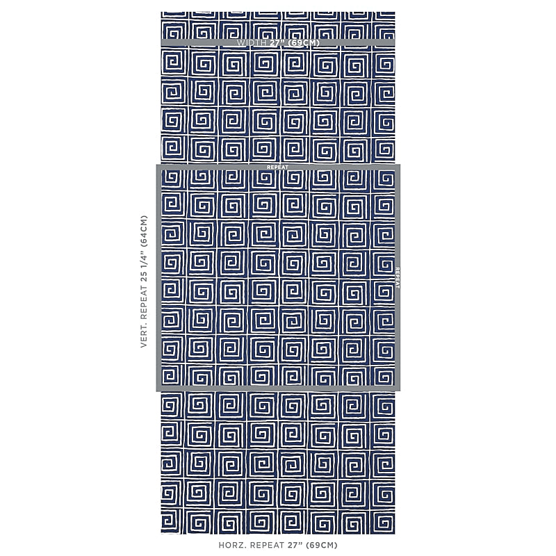 Midnight blue wallpaper swatches with a Greek-key geometric pattern for modern decor.