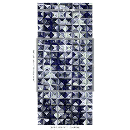 Midnight blue wallpaper swatches with a Greek-key geometric pattern for modern decor.