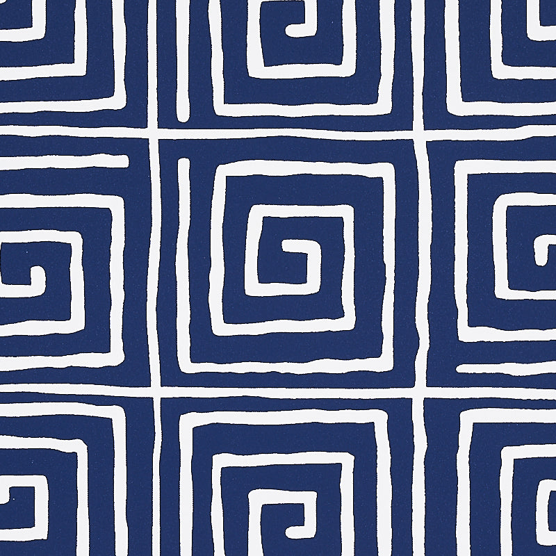Navy blue fabric with white hand-drawn spiral-square grid pattern; bold geometric print for upholstery or curtains.