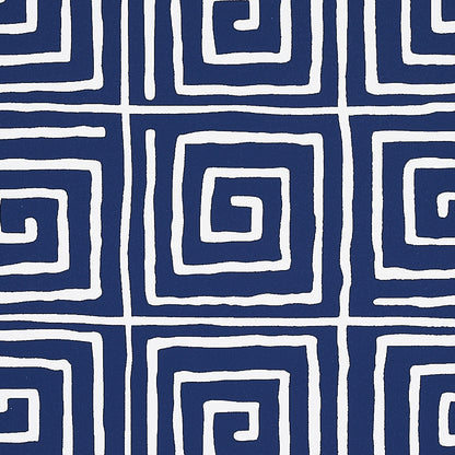 Navy blue fabric with white hand-drawn spiral-square grid pattern; bold geometric print for upholstery or curtains.