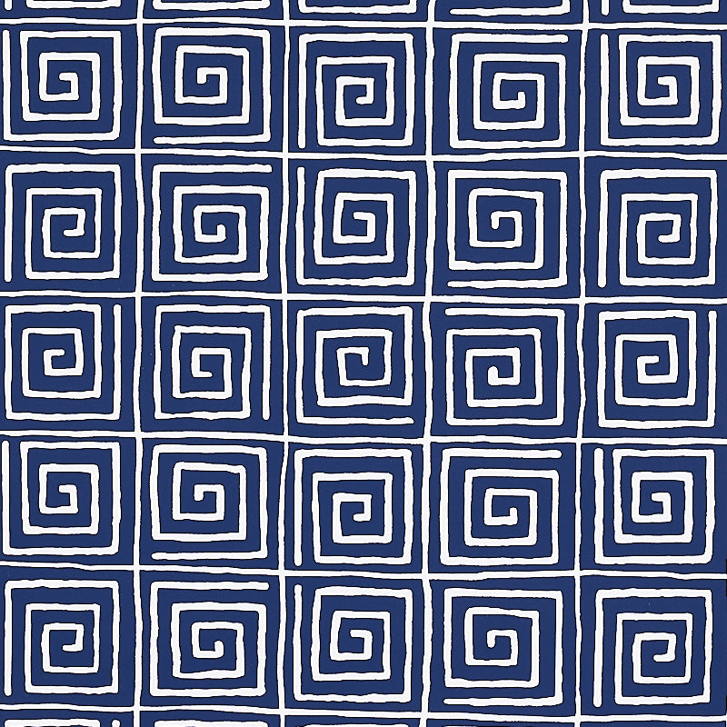 Midnight blue textile with a white square spiral grid pattern; geometric print.