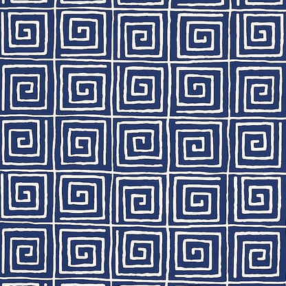 Midnight blue textile with a white square spiral grid pattern; geometric print.