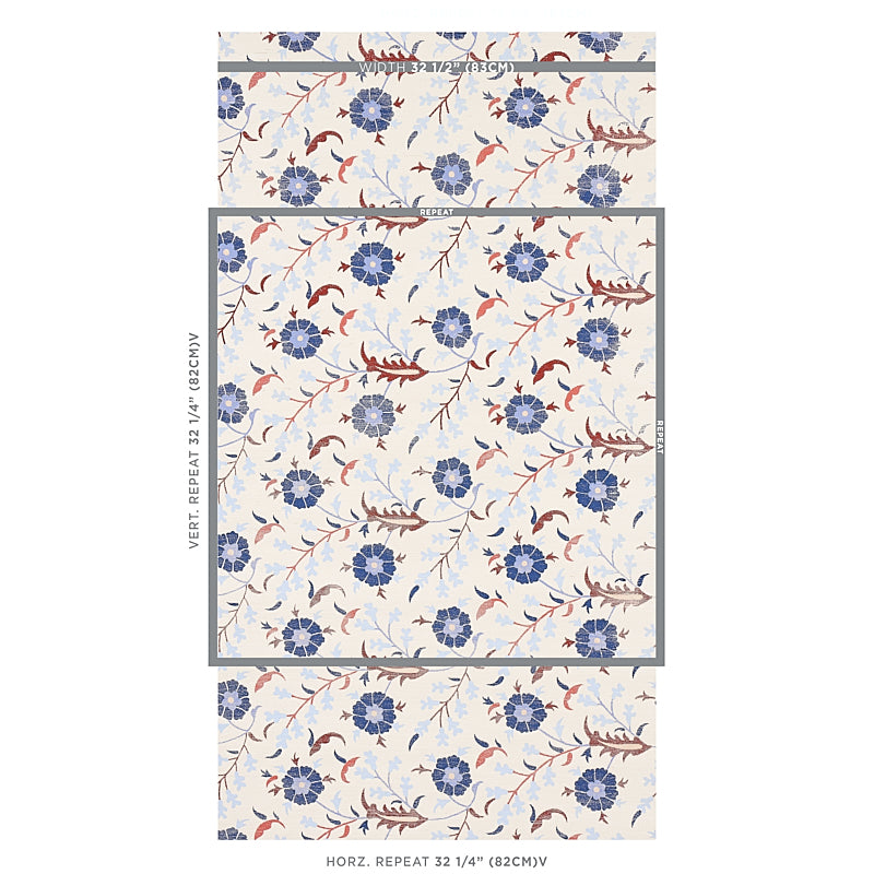 Cream wallpaper with blue flowers and brown vines; repeating vintage botanical pattern.