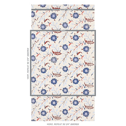 Cream wallpaper with blue flowers and brown vines; repeating vintage botanical pattern.
