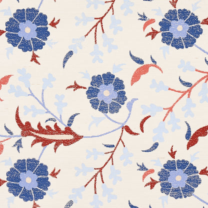 Cream fabric with blue circular flowers, pale blue leaves, and red stems in a botanical floral pattern.