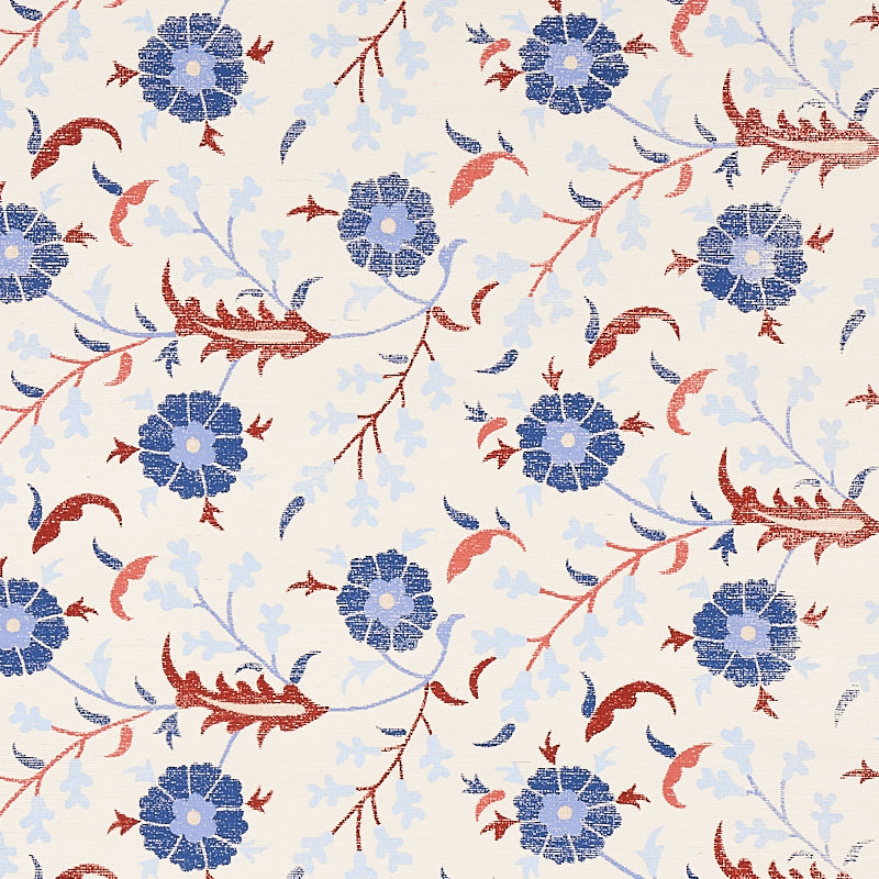 Cream fabric with blue circular flowers, red vines and light-blue leaves in a vintage botanical print.