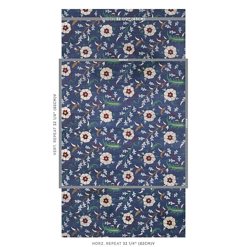 Indigo floral sisal rug with white flowers, red centers and green leaves on a dark blue background; repeating vine pattern.