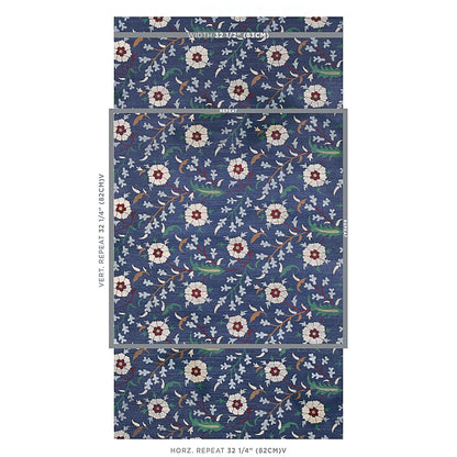 Indigo floral sisal rug with white flowers, red centers and green leaves on a dark blue background; repeating vine pattern.