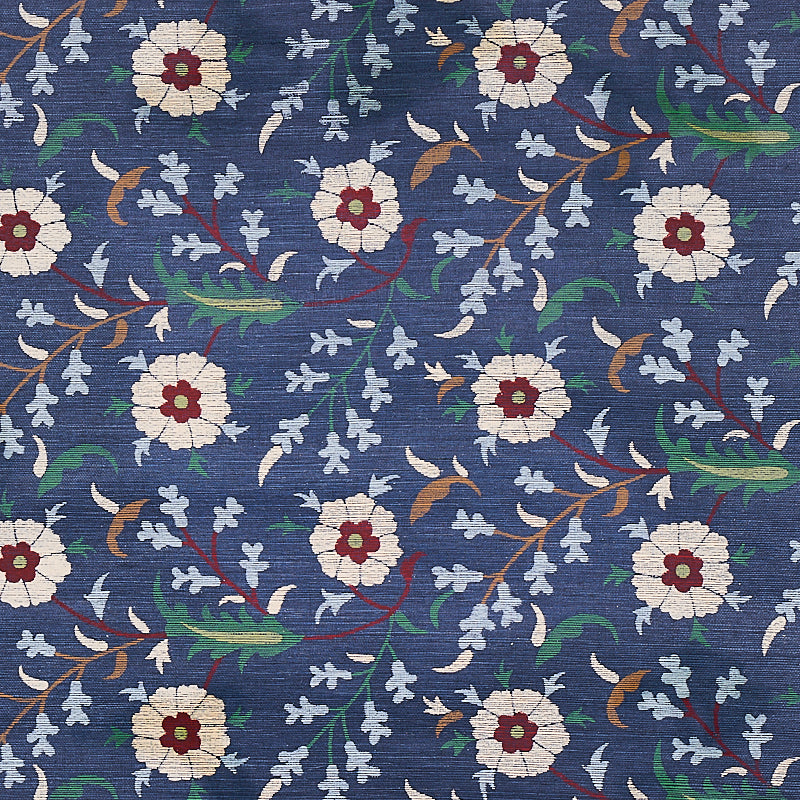 Navy blue floral print sisal rug with white blooms, burgundy centers, light blue accents, brown stems and green leaves.
