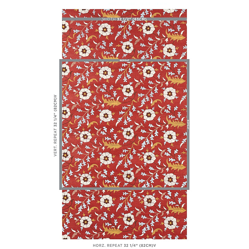 Red wallpaper with white daisies and green vines; vintage floral repeat pattern for walls.