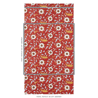 Red wallpaper with white daisies and green vines; vintage floral repeat pattern for walls.