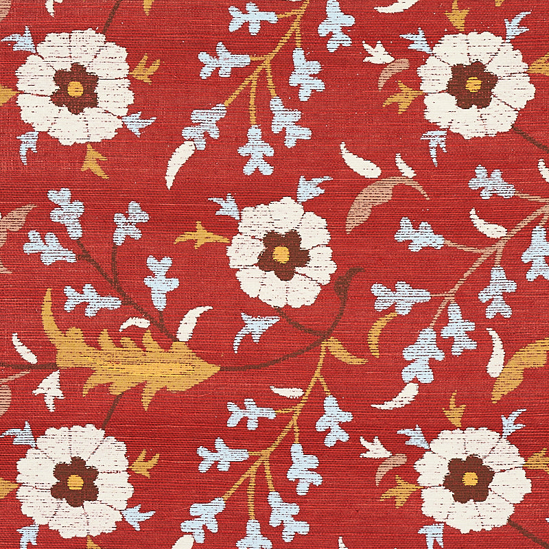 Red floral sisal with white daisy-like flowers and brown centers, light blue accents, and golden-brown stems.