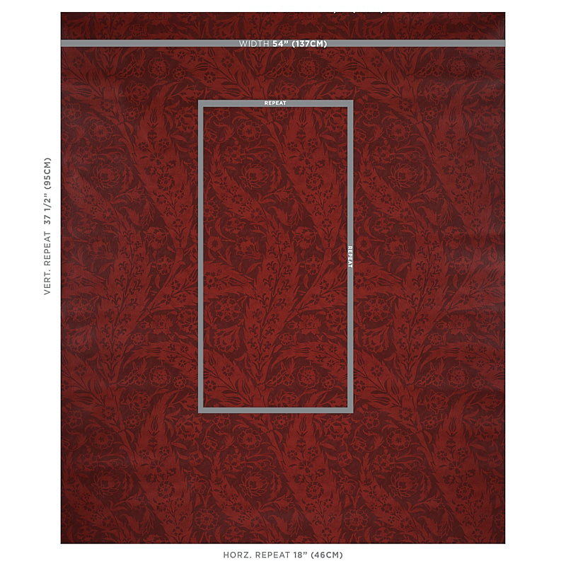 Deep red damask patterned wallpaper swatch with silver frame outline, showing vertical and horizontal repeat for wall decor.