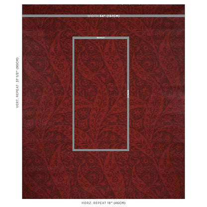 Deep red damask patterned wallpaper swatch with silver frame outline, showing vertical and horizontal repeat for wall decor.