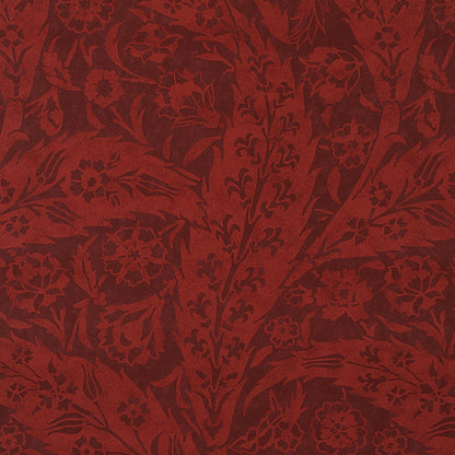 Crimson red damask floral pattern fabric with vine motifs for upholstery or drapes.