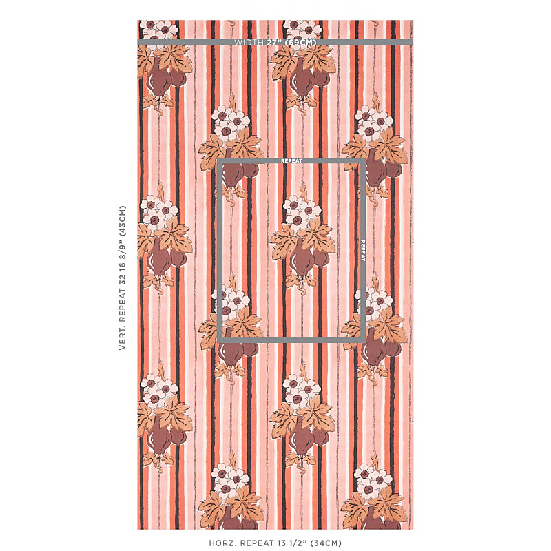 Vintage floral striped wallpaper with vertical pink, coral and taupe stripes and brown floral clusters.