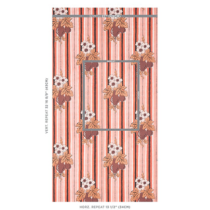 Vintage floral striped wallpaper with vertical pink, coral and taupe stripes and brown floral clusters.