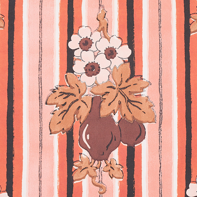 Striped peach and coral textile pattern featuring a brown vase with white flowers and tan leaves.