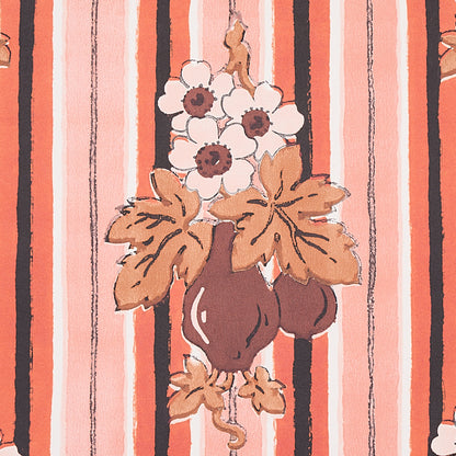 Striped peach and coral textile pattern featuring a brown vase with white flowers and tan leaves.
