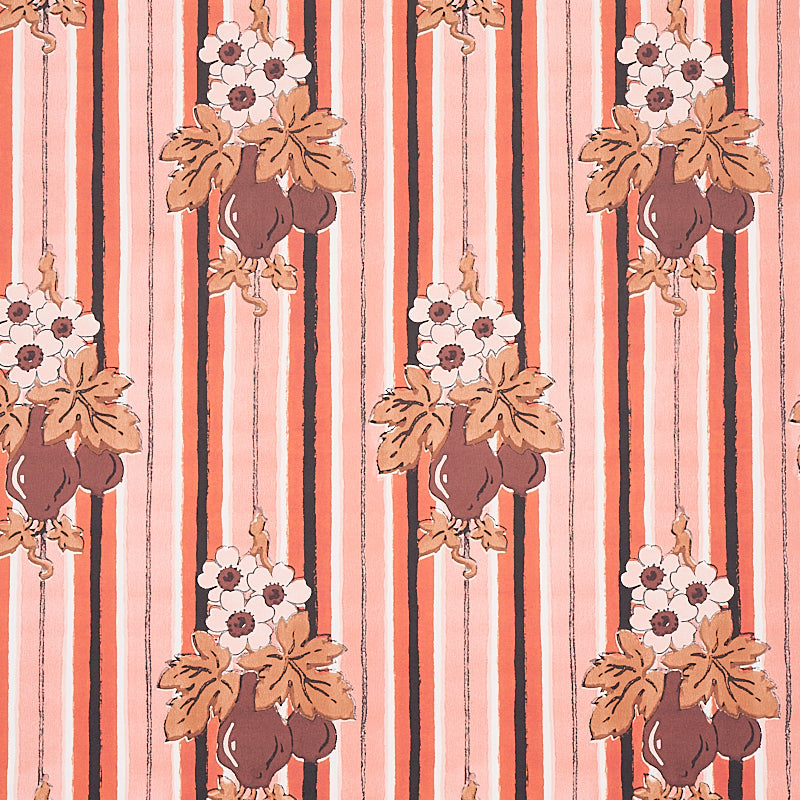 Patterned textile with pink and peach vertical stripes and orange-brown bouquets accented by white flowers.