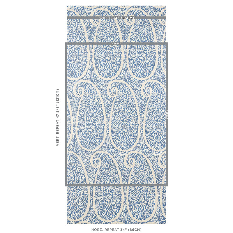 Blue and cream Art Nouveau scroll wallpaper swatch with gray frame; horizontal repeat 34" (86 cm).