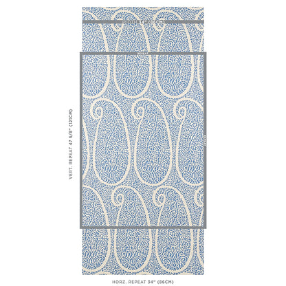 Blue and cream Art Nouveau scroll wallpaper swatch with gray frame; horizontal repeat 34" (86 cm).
