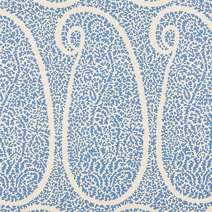 Blue-on-white damask-style pattern with ornate scrolls on grasscloth wallpaper.