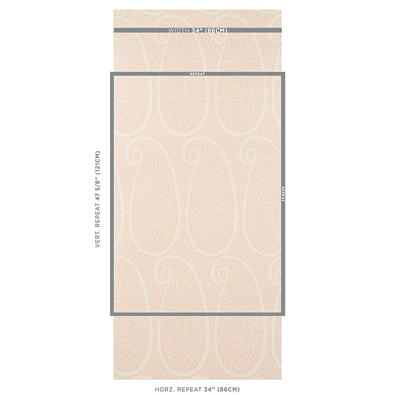 Blush grasscloth wallpaper sample on pale pink with gray border; horizontal repeat 34in (86cm).